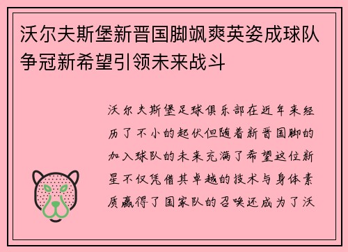 沃尔夫斯堡新晋国脚飒爽英姿成球队争冠新希望引领未来战斗