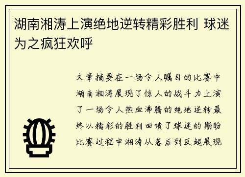 湖南湘涛上演绝地逆转精彩胜利 球迷为之疯狂欢呼